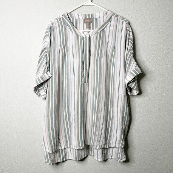 Chico’s Cali Cool Stripe Pullover Blouse Multicolor Size 3 XL V-Neck Popover Top - Picture 1 of 9